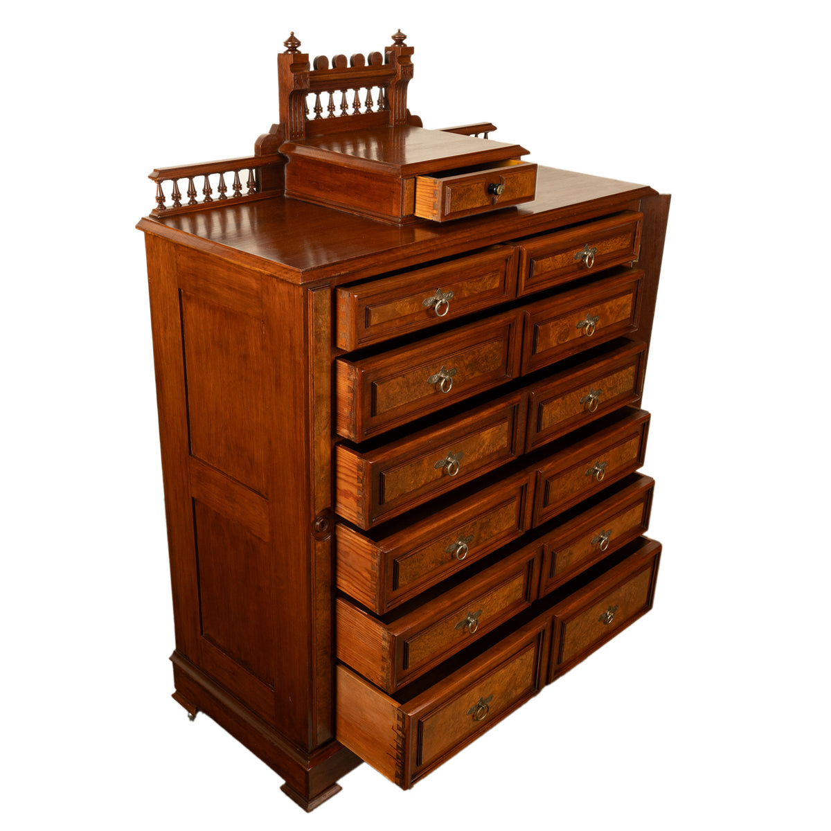 Antique American Burl Walnut Lock Side Eastlake Highboy Chest of Drawers 1870