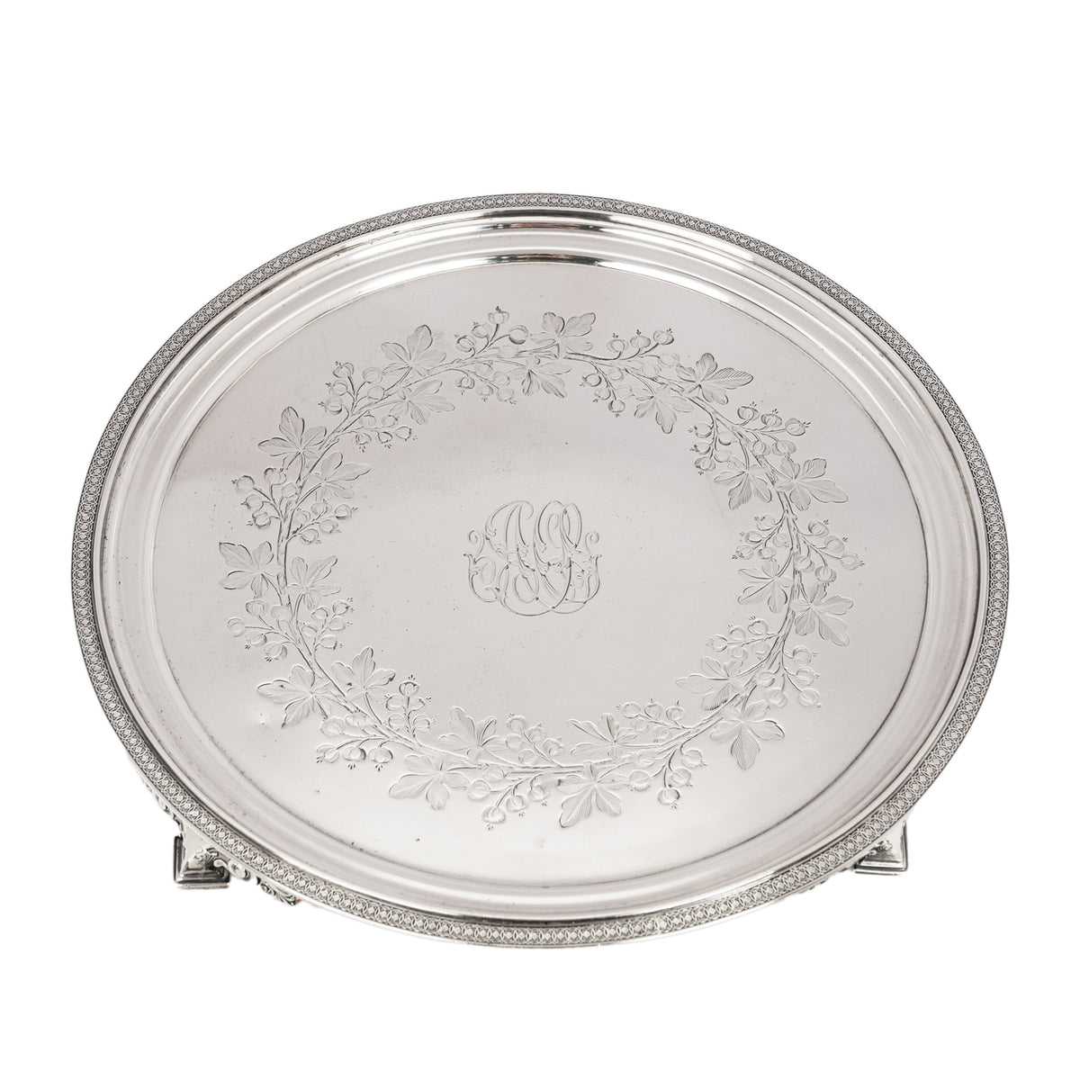 Antique Engraved Sterling Silver Tiffany & Co Footed Salver Tray New York 1870