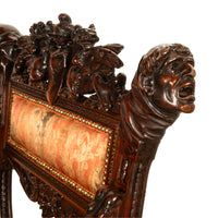 Antique Italian Hand Carved Walnut Renaissance Dragon & Knight Throne Chair 1880
