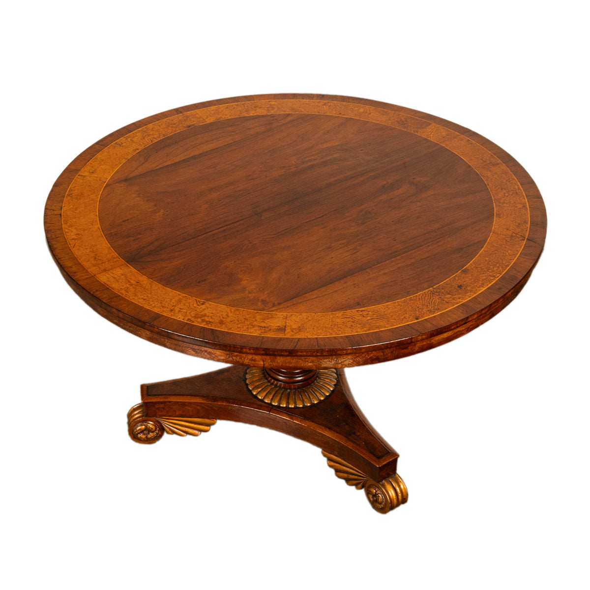 Antique Georgian Regency Amboyna Walnut Parcel Gilt Tilt-Top Breakfast Dining Table Circa 1820