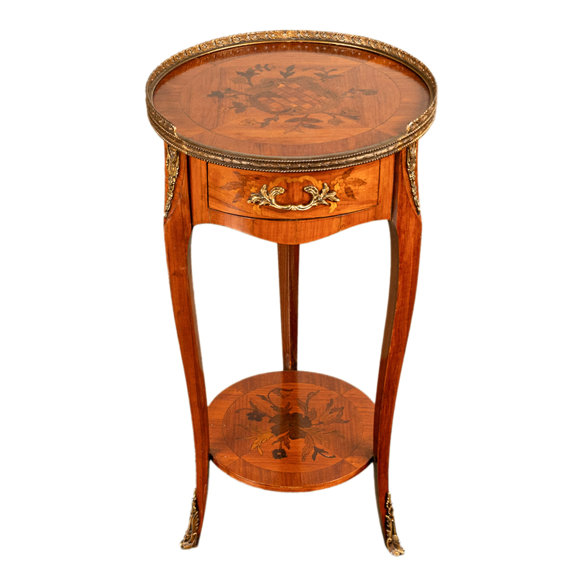 Antique French Louis XV Walnut & Ormolu Marquetry Circular Side Table Stand 1890