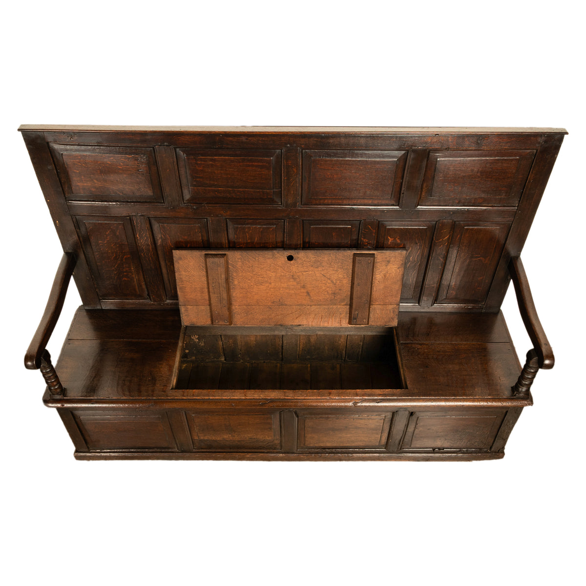 Antique 18th Century Georgian Oak Paneled Box Pub Tavern Settle Bench 1750