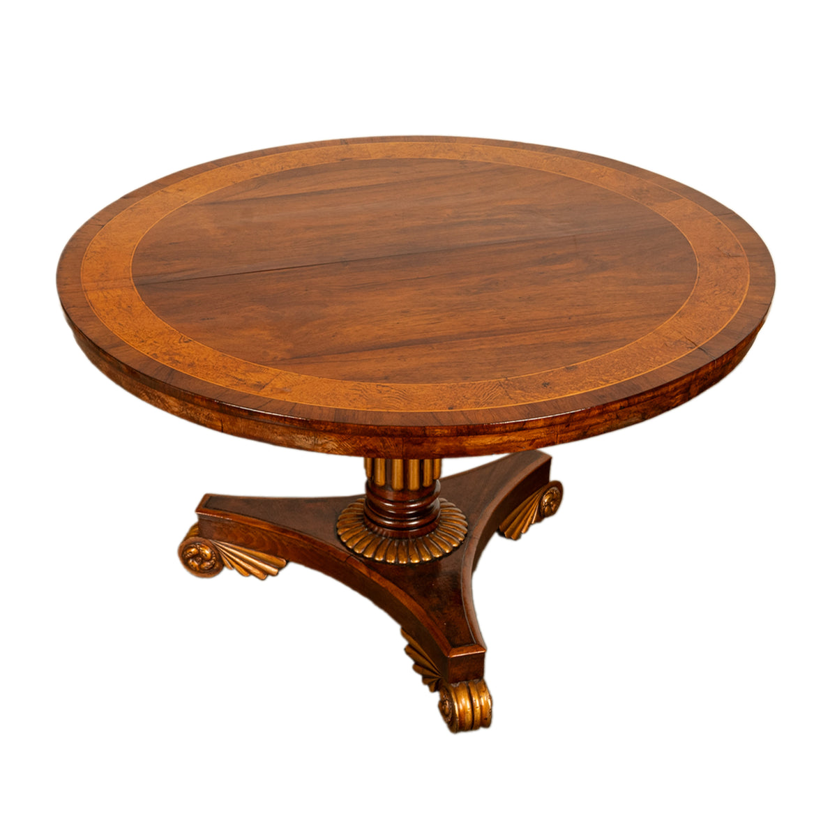 Antique Georgian Regency Amboyna Walnut Parcel Gilt Tilt-Top Breakfast Dining Table Circa 1820