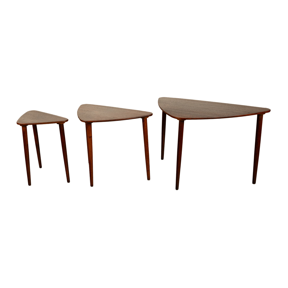 Danish Teak Mid Century Modern 'Guitar Pick' set of 3 Nesting Tables by Mogens Kold Mobelfabrik 1960s