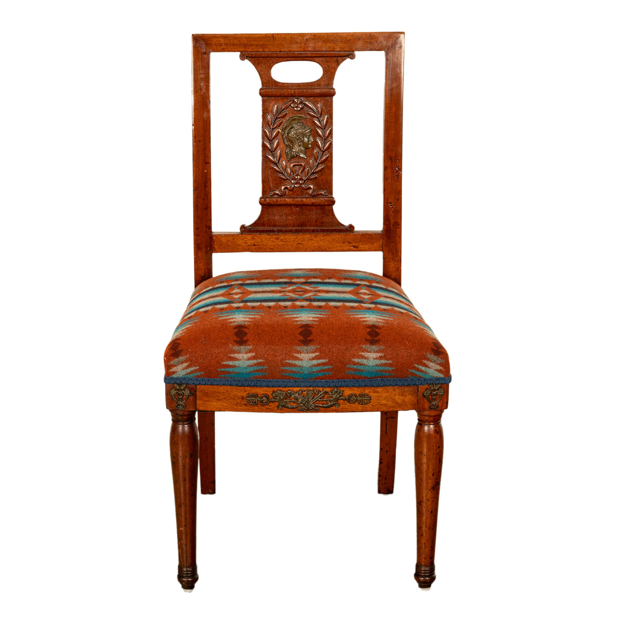 Pair Antique French Restauration His & Hers Greco-Roman Chairs Pendleton Fabric