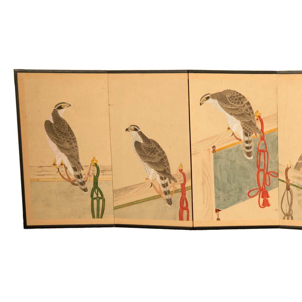 Pair Antique Japanese Edo Falcon Hawk Birds of Prey Takagari Screens 1880