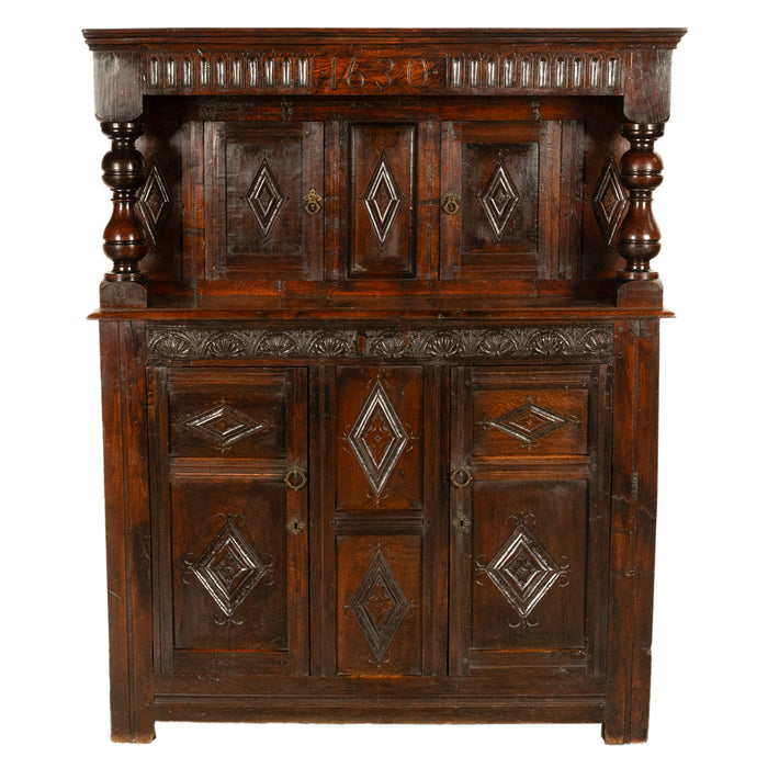 Antique English 17th Century Jacobean Charles I Carved Oak Court Cupboard Cabinet 1630