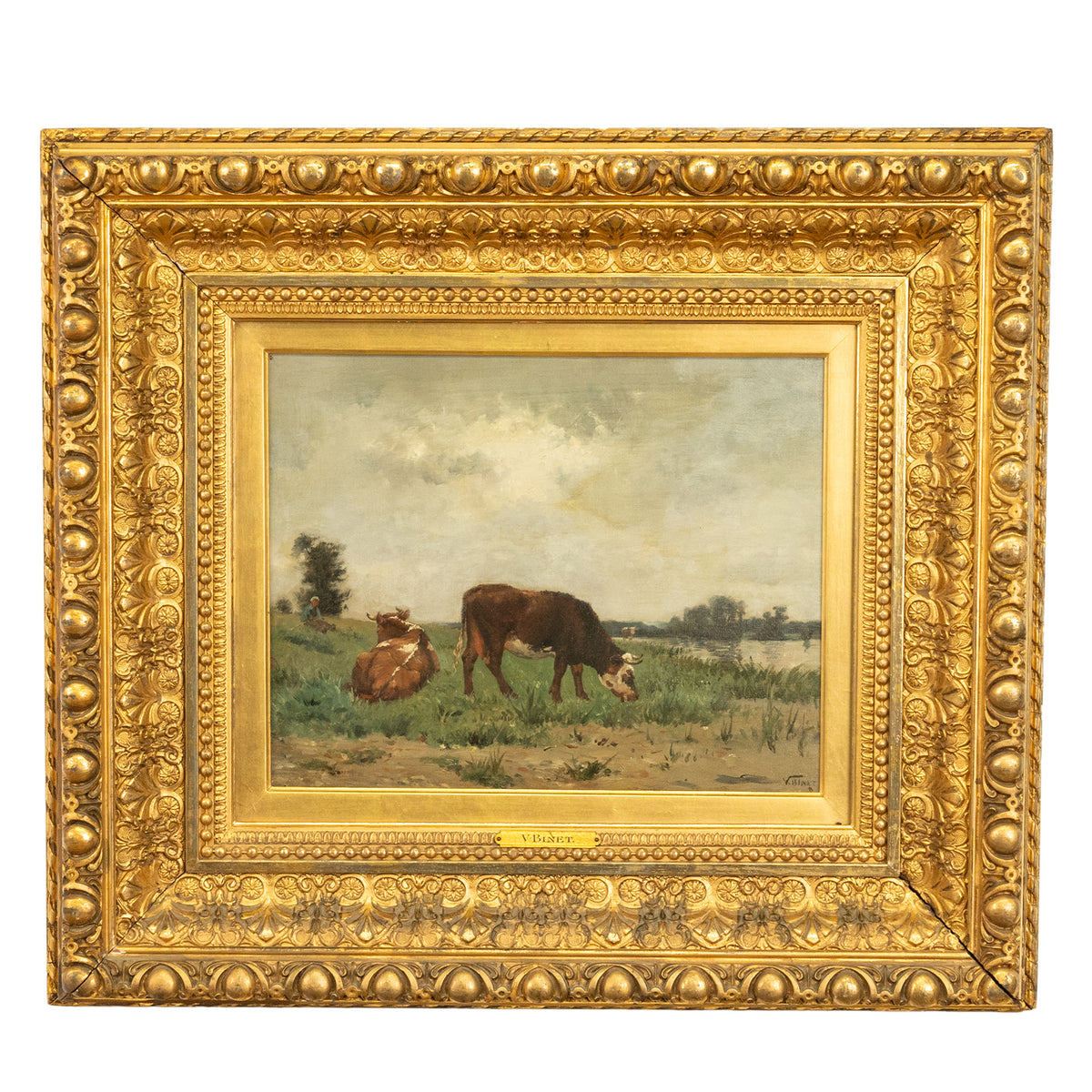 Antique French Oil on Canvas Painting Barbizon School Landscape Cows by Victor Jean Binet 1875