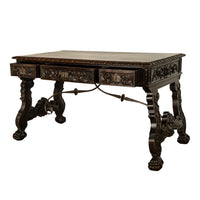 Antique Spanish Baroque Hand-Carved Walnut & Iron Trestle Desk & Chair 1860