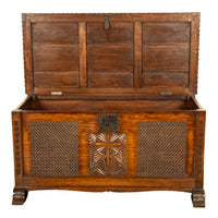 Antique French Gothic Revival Carved Oak Dowry Coffer Chest Bench Seat 1820