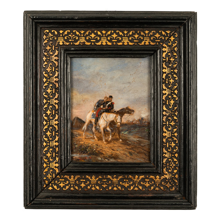 Antique Miniature Oil Painting on Panel French Battle Cavalry Horse Scene by James Alexander Walker 1875