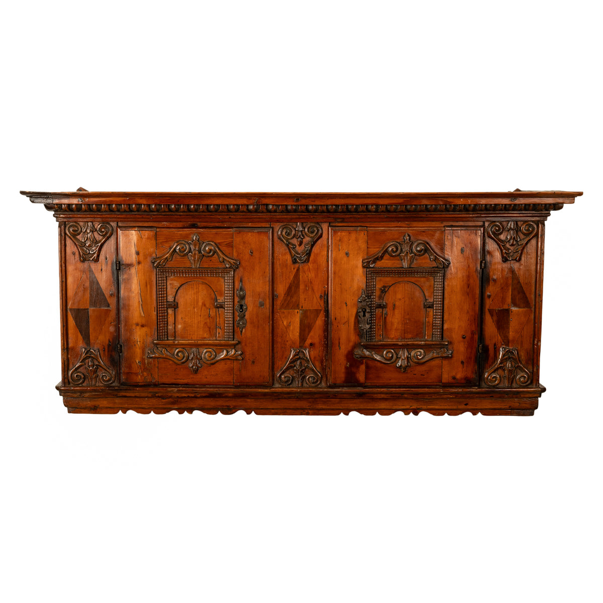 Antique 17th Century German Baroque Inlaid Carved Pine Walnut Wall Cabinet 1680