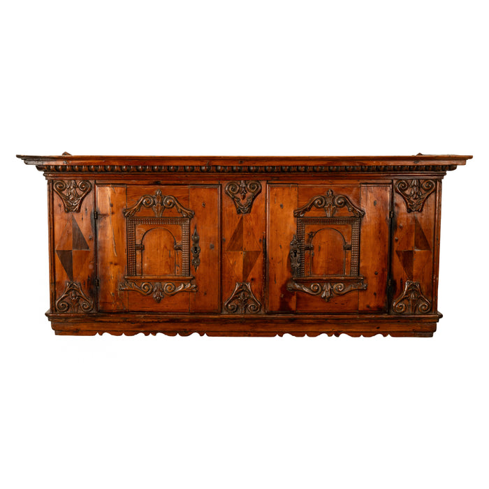 Antique 17th Century German Baroque Inlaid Carved Pine Walnut Wall Cabinet 1680
