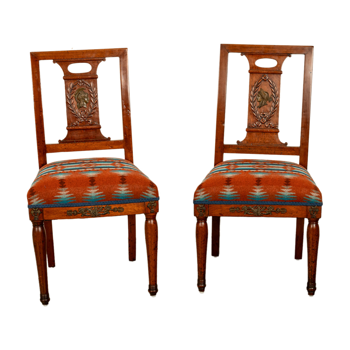 Pair Antique French Restauration His & Hers Greco-Roman Chairs Pendleton Fabric