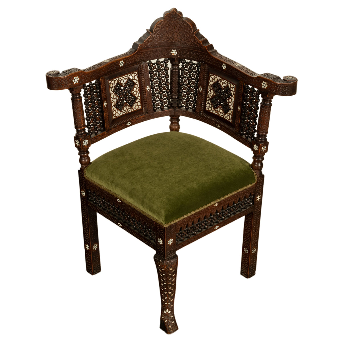 Antique Islamic Moorish Syrian Carved Inlaid Mother of Pearl Corner Chair 1880