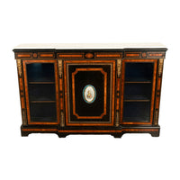 Antique French Napoleon III Ebony Ormolu Marble Sevres Porcelain Inlaid Credenza Cabinet 1860