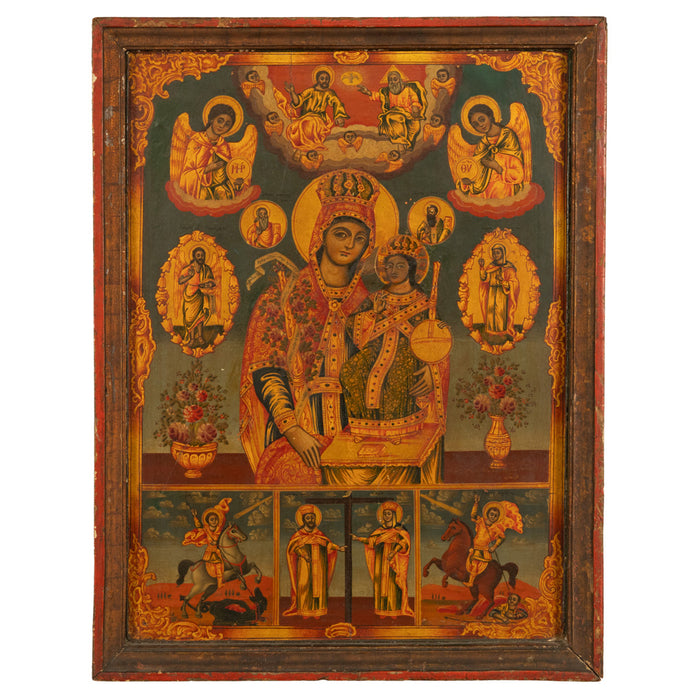 Antique 19th C Greek Orthodox Icon Virgin Mary & Jesus St. George & Dragon 1800