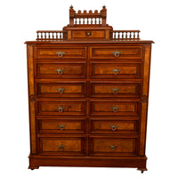 Antique American Burl Walnut Lock Side Eastlake Highboy Chest of Drawers 1870