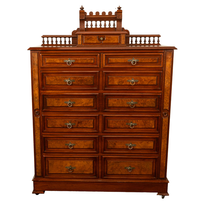 Antique American Burl Walnut Lock Side Eastlake Highboy Chest of Drawers 1870