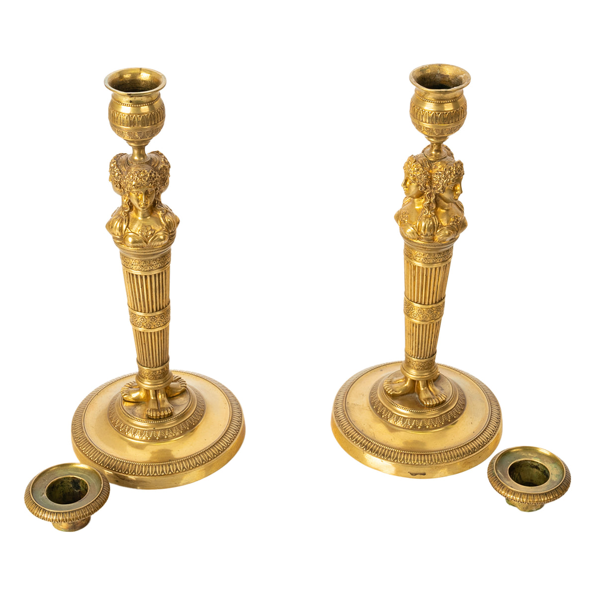 Pair Antique Early 19thC French Empire Neoclassical Gilt Bronze Candlesticks