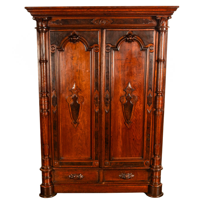 Antique American Renaissance Revival Carved Walnut Victorian Armoire Wardrobe New York 1870
