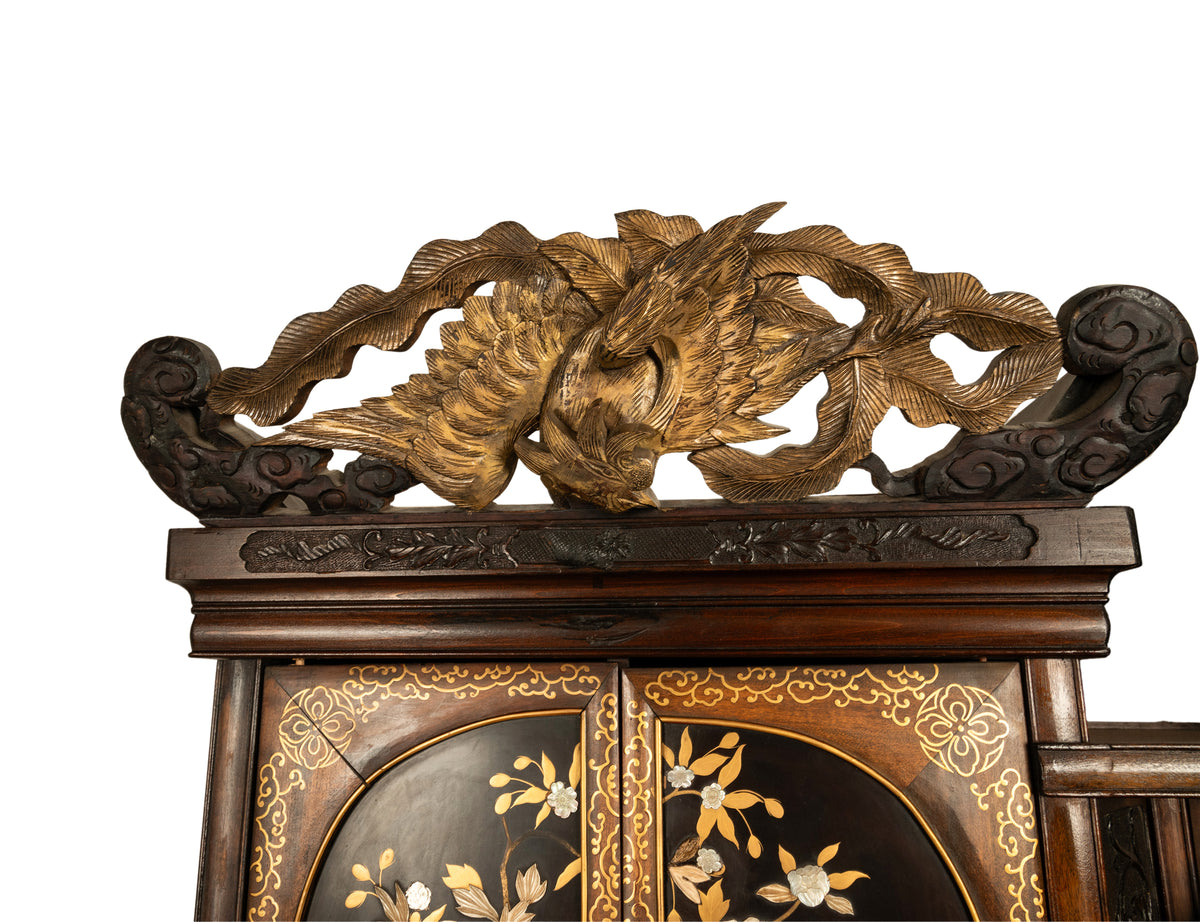 Antique Japanese Lacquer Inlaid Hardwood Meiji Period Shibayama Shodana Cabinet Circa 1880