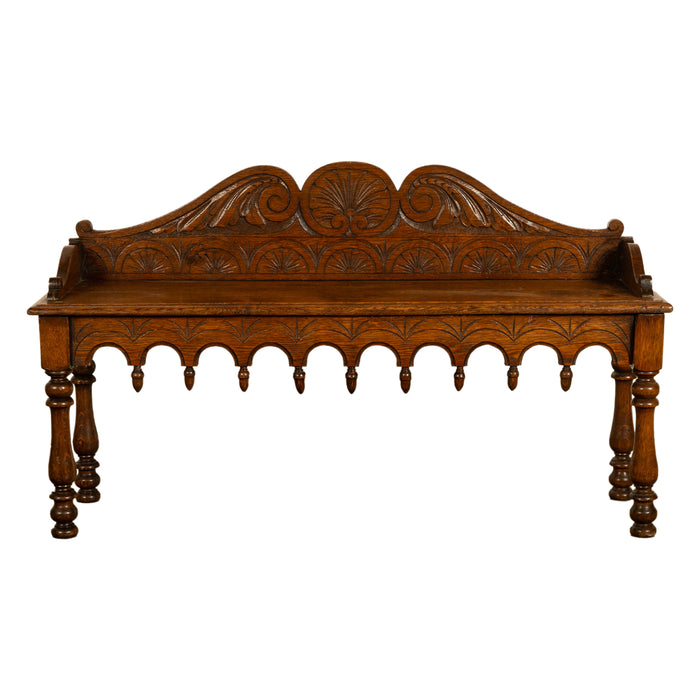 Antique English 19th Century Victorian Carved Oak Hall Window Seat Bench 1890