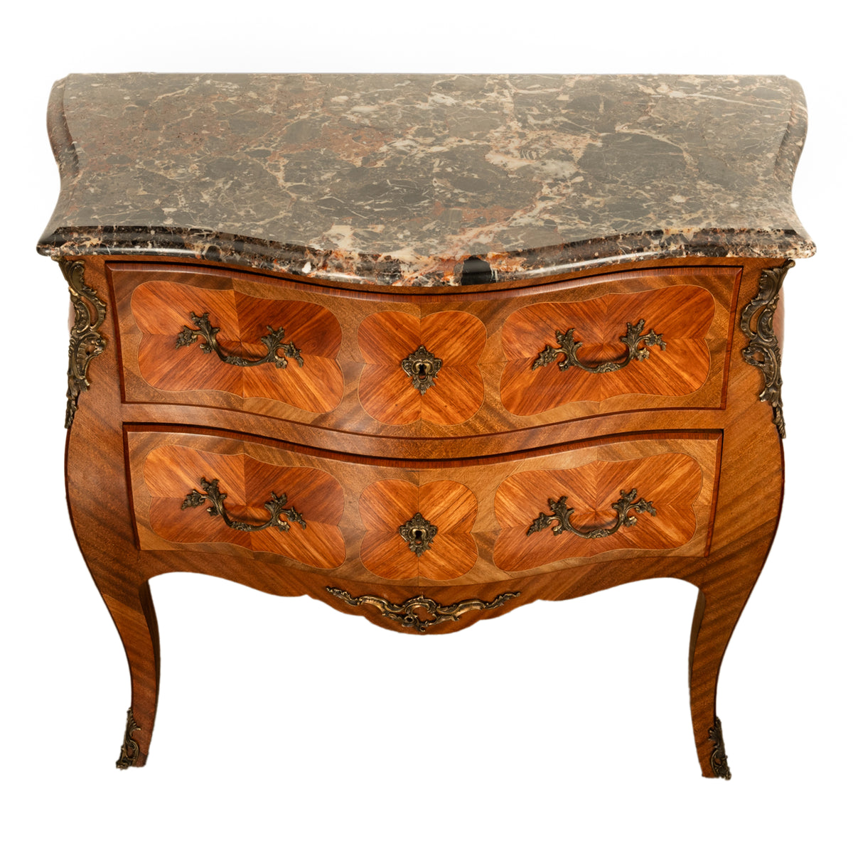 Antique French Louis XV Marble Top Ormolu Bombe Shape Inlaid Tulip-Wood Commode 1900