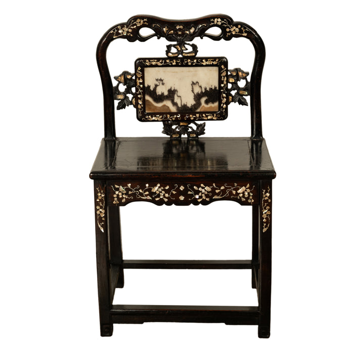 Antique Chinese 19th Century Qing Dynasty Rosewood Inlaid Dreamstone Marble & Mother of Pearl Chair 1850
