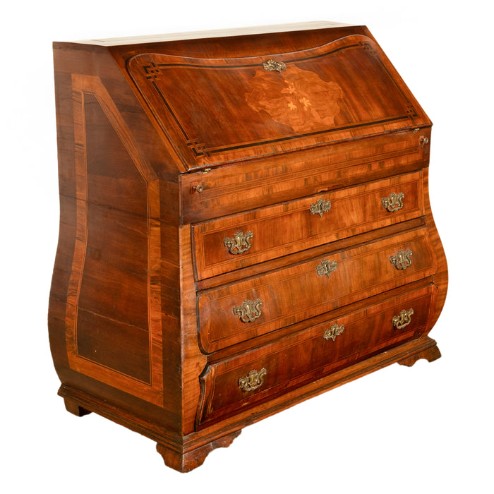 Antique Dutch Rococo Inlaid Marquetry Walnut Bombe Secretary Desk Bureau 1780