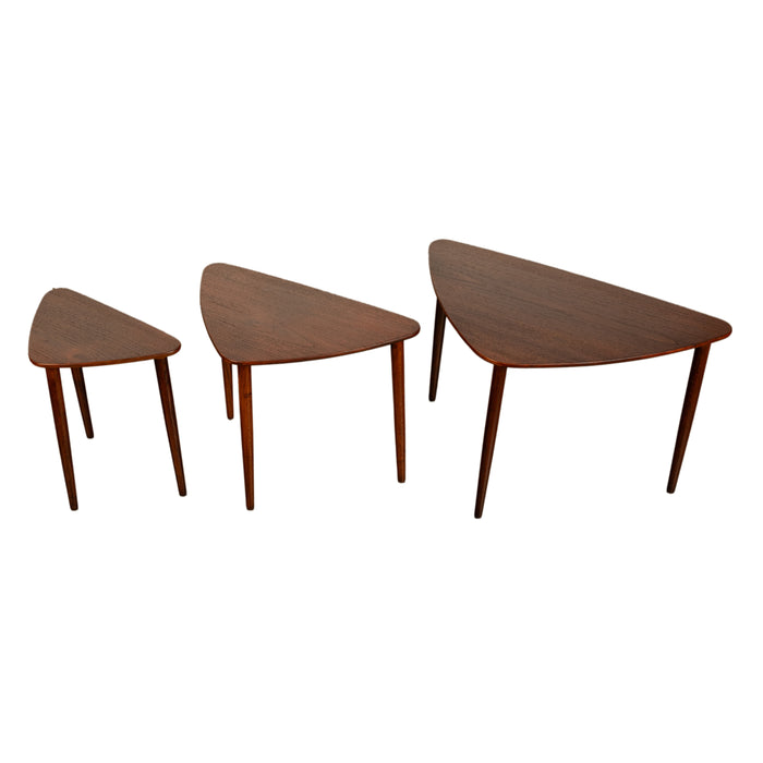 Danish Teak Mid Century Modern 'Guitar Pick' set of 3 Nesting Tables by Mogens Kold Mobelfabrik 1960s