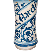Pair Antique 17th Century Spanish Blue & White Pottery Albarelli Apothecary Jars 1680