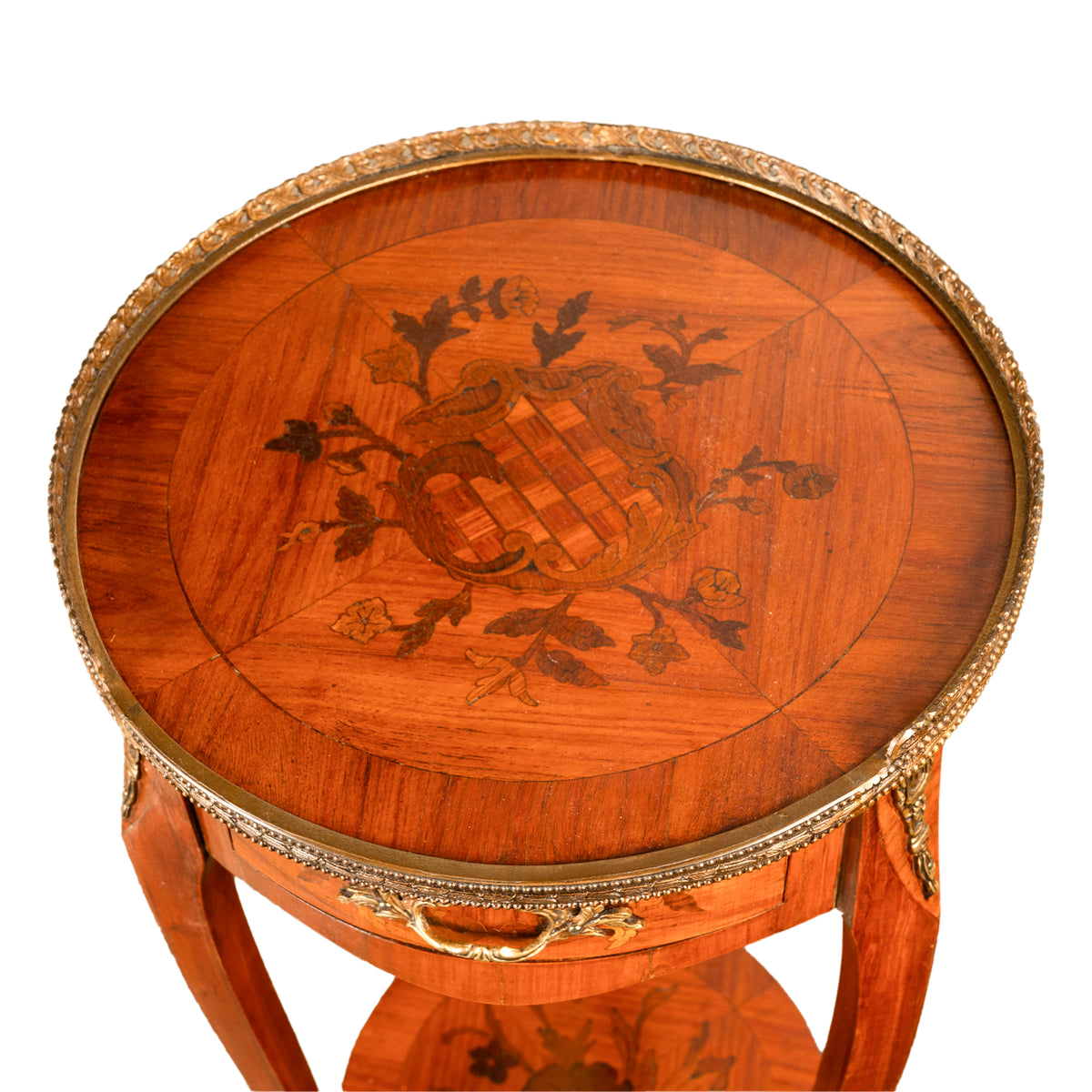 Antique French Louis XV Walnut & Ormolu Marquetry Circular Side Table Stand 1890