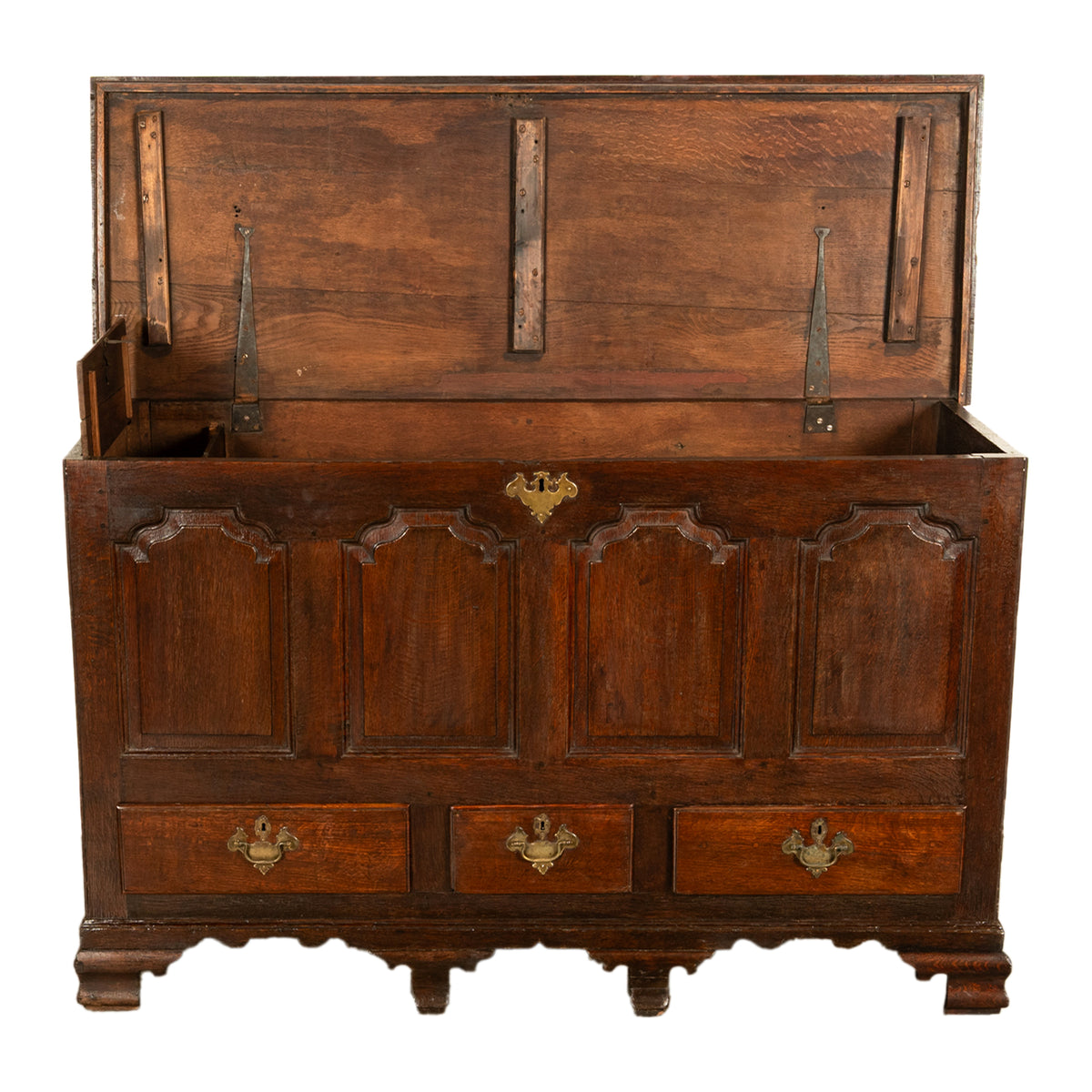 Antique Early Georgian Large 4 Panel 3 Drawer Hinged Top Mule Chest Coffer 1740
