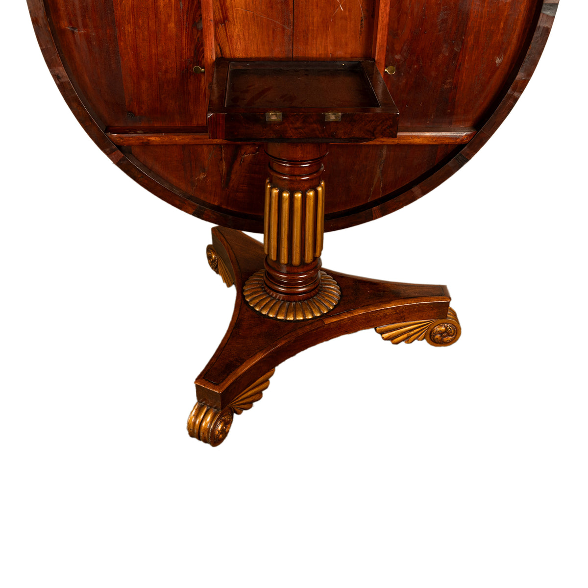 Antique Georgian Regency Amboyna Walnut Parcel Gilt Tilt-Top Breakfast Dining Table Circa 1820