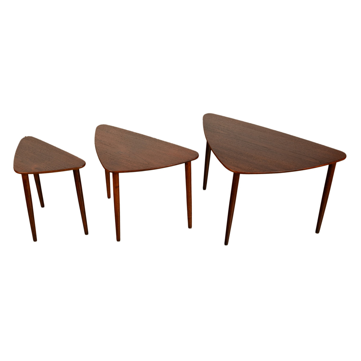 Danish Teak Mid Century Modern 'Guitar Pick' set of 3 Nesting Tables by Mogens Kold Mobelfabrik 1960s