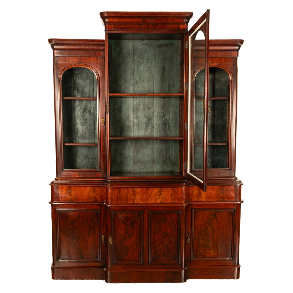 Antique 19th Century Large Breakfront Flame Mahogany Bookcase Bibliotheque 1850