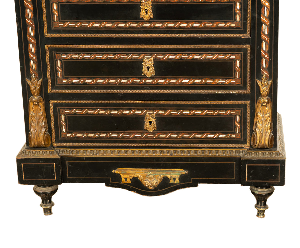 Antique French Napoleon III Mother-Of-Pearl Inlaid Ormolu Marble Top Secretaire Desk Chest 1860
