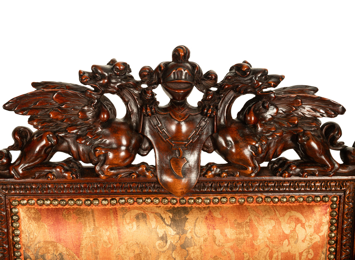Antique Italian Hand Carved Walnut Renaissance Dragon & Knight Throne Chair 1880