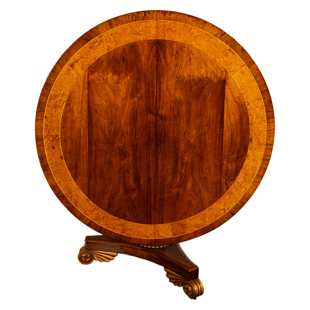 Antique Georgian Regency Amboyna Walnut Parcel Gilt Tilt-Top Breakfast Dining Table Circa 1820