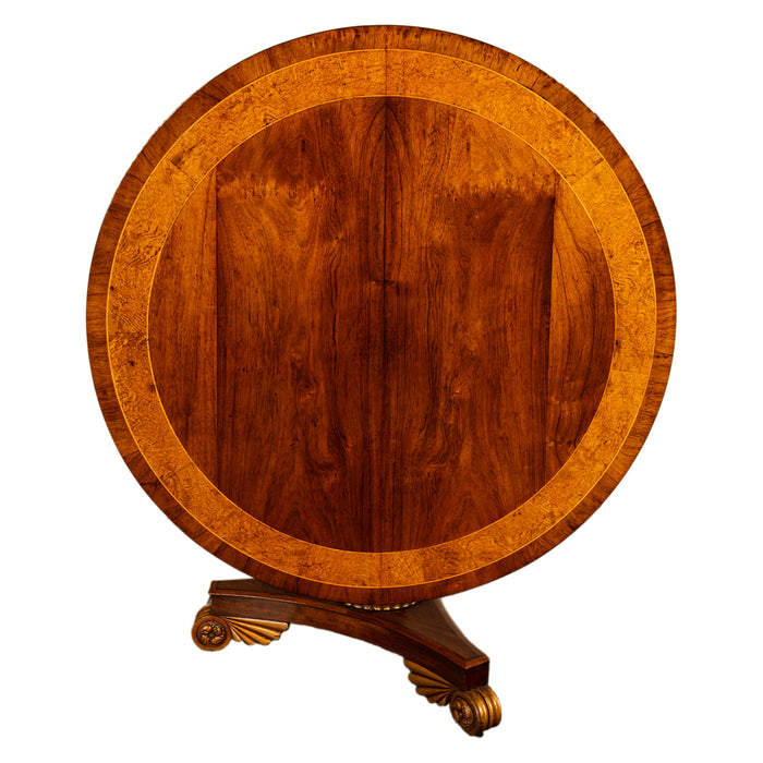 Antique Georgian Regency Amboyna Walnut Parcel Gilt Tilt-Top Breakfast Dining Table Circa 1820