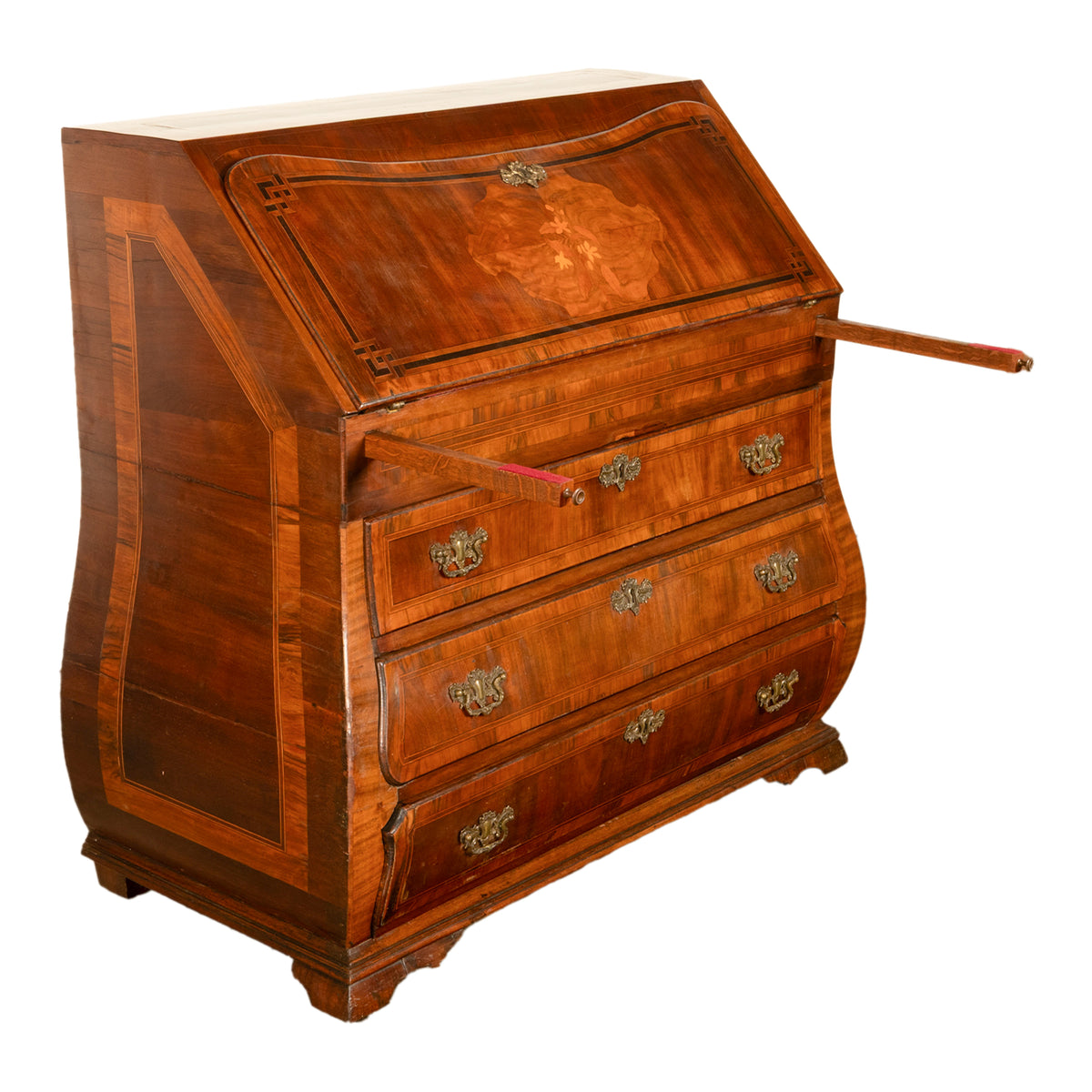 Antique Dutch Rococo Inlaid Marquetry Walnut Bombe Secretary Desk Bureau 1780