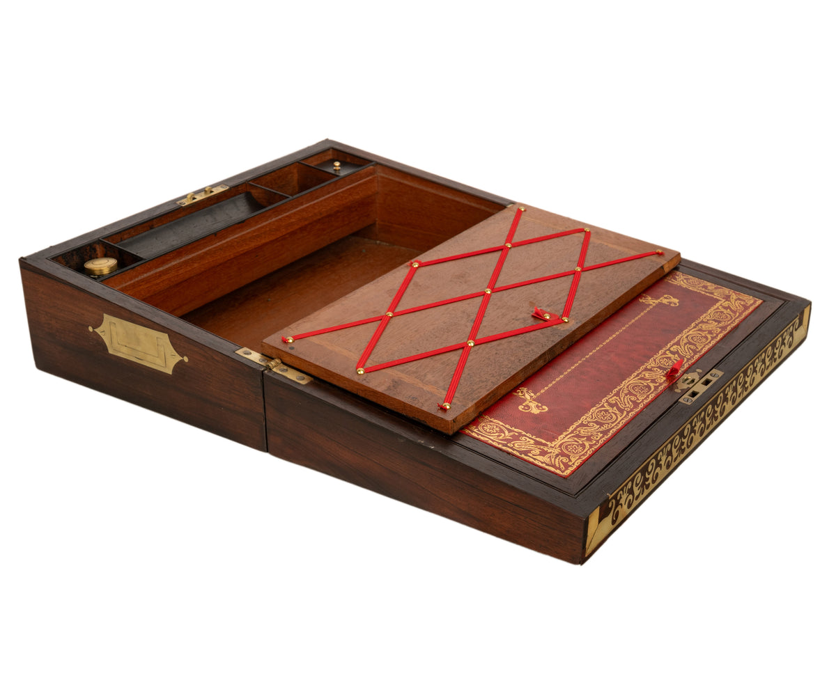 Fine Antique Regency Rosewood Inlaid Brass Campaign Writing Box Desk Slope 1830