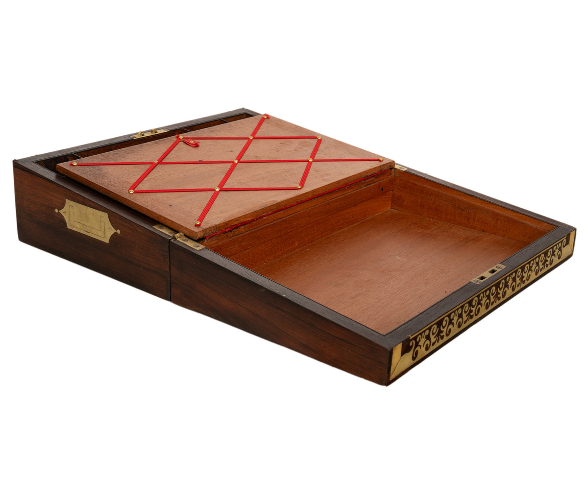 Fine Antique Regency Rosewood Inlaid Brass Campaign Writing Box Desk Slope 1830