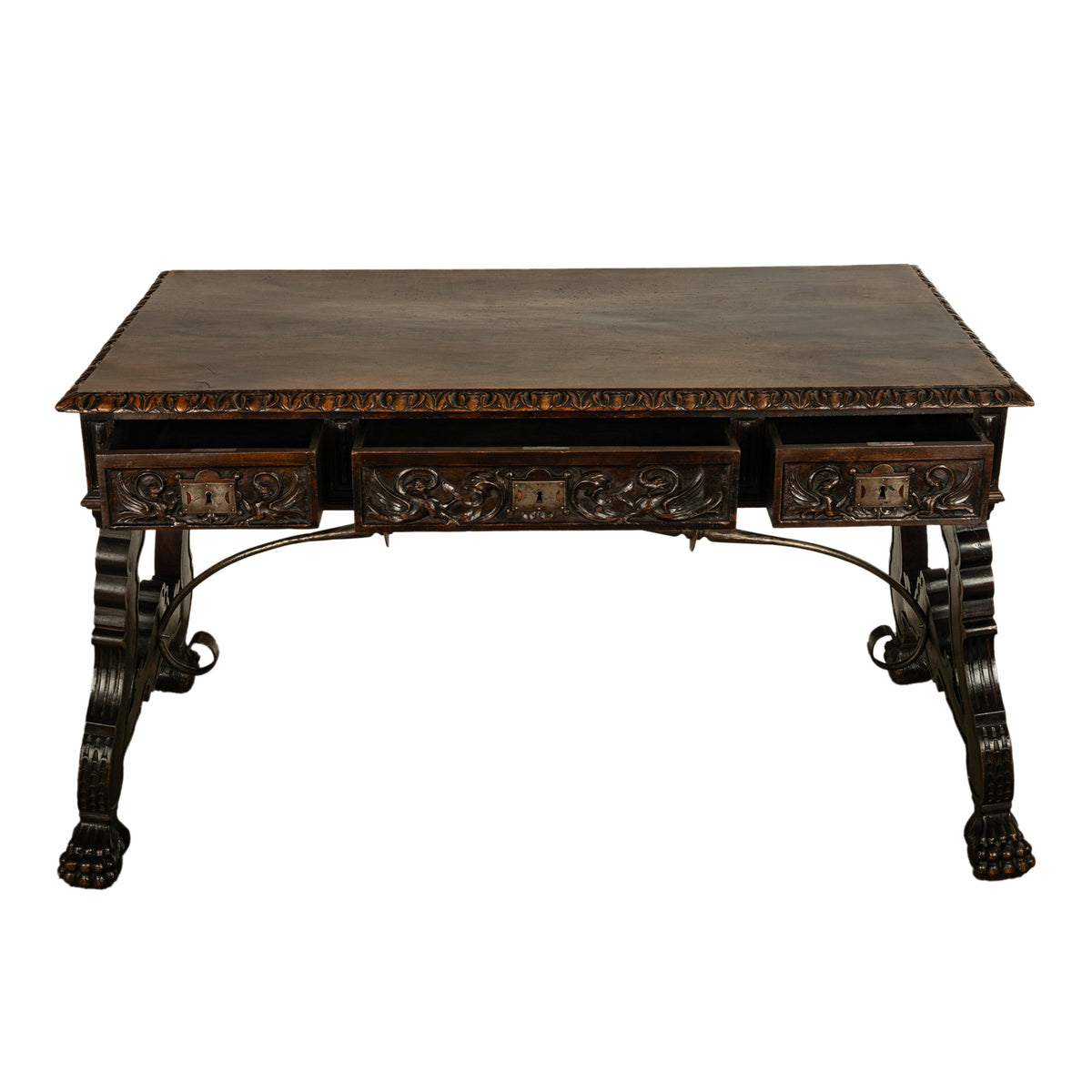 Antique Spanish Baroque Hand-Carved Walnut & Iron Trestle Desk & Chair 1860