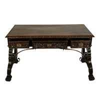 Antique Spanish Baroque Hand-Carved Walnut & Iron Trestle Desk & Chair 1860