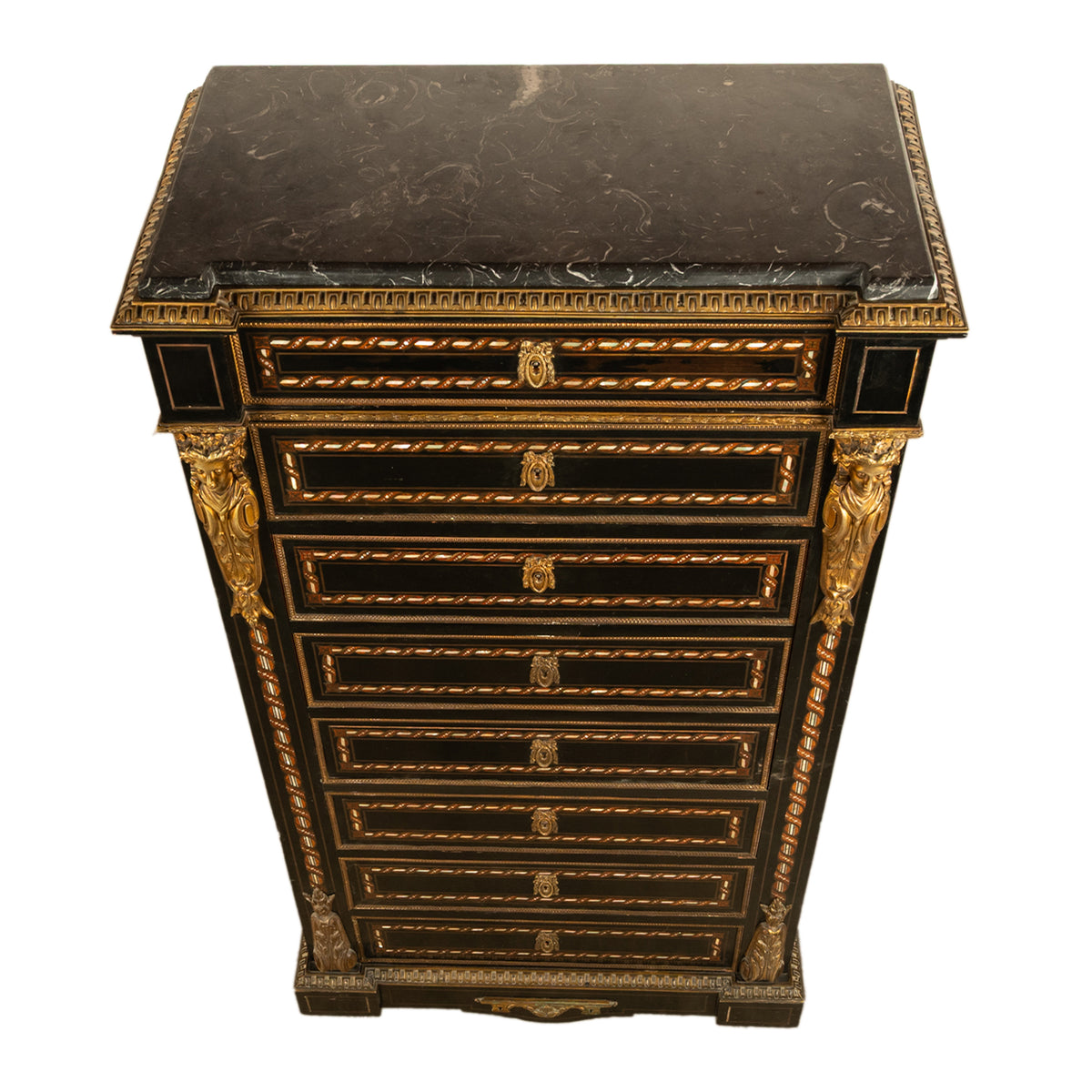 Antique French Napoleon III Mother-Of-Pearl Inlaid Ormolu Marble Top Secretaire Desk Chest 1860