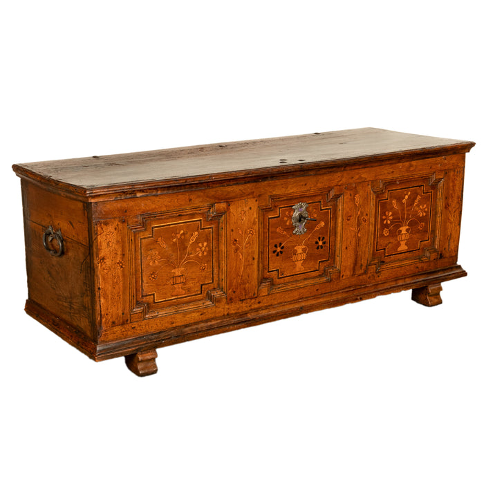 Antique German Baroque Inlaid Marquetry Dowry Chest Coffer Trunk Seat Bench 1700