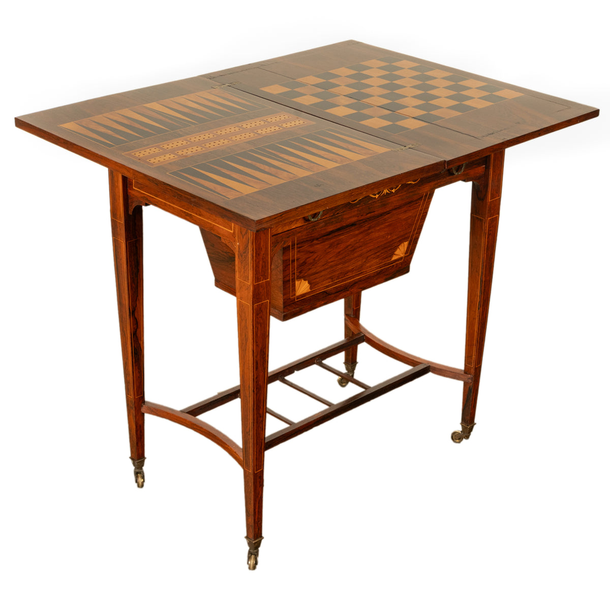 Antique Rosewood Regency Inlaid Chess Backgammon Cribbage Game Sewing Table 1890