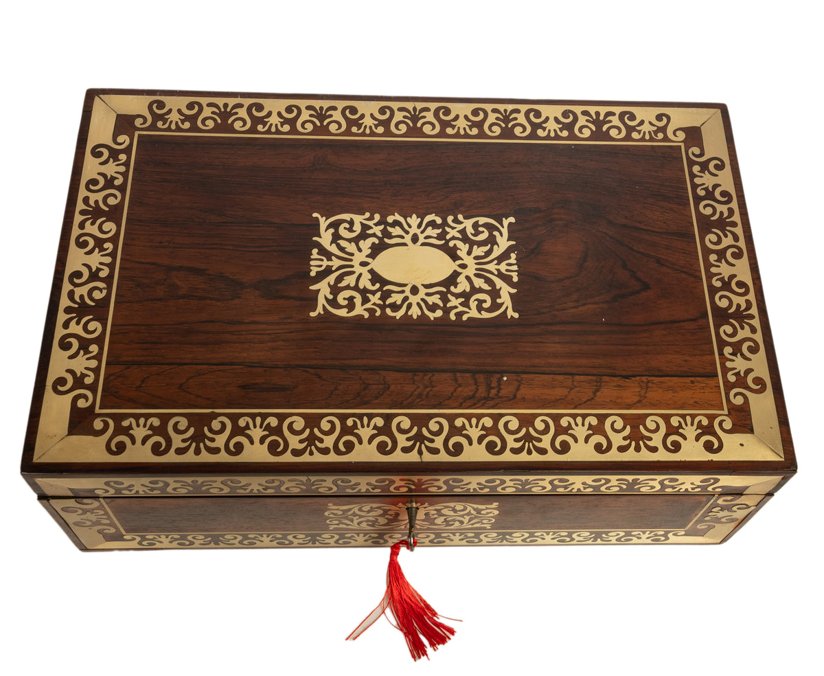 Fine Antique Regency Rosewood Inlaid Brass Campaign Writing Box Desk Slope 1830